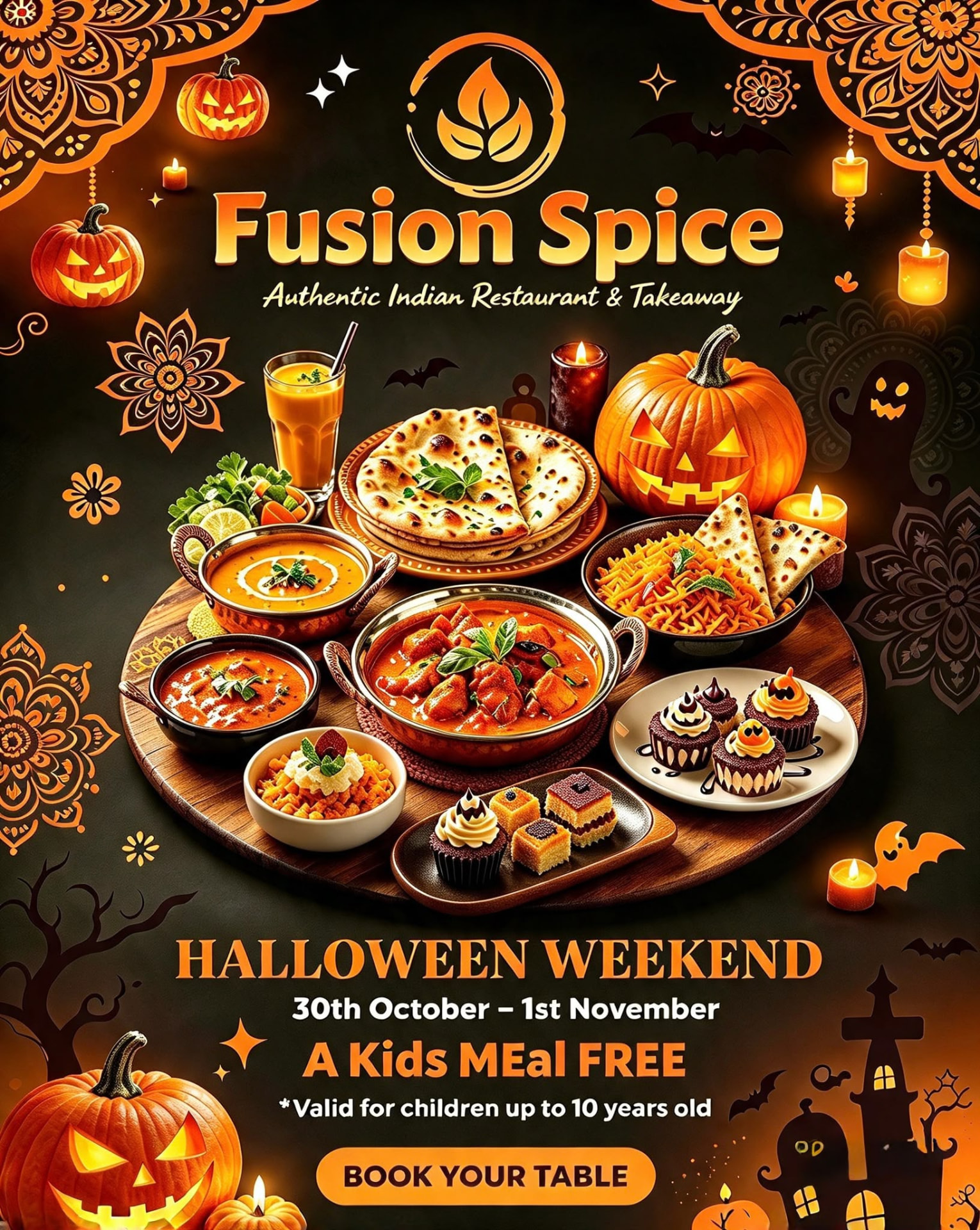Fusion Spice Halloween Weekend poster — a kids meal free for children up to 10 years old, 30th October to 1st November