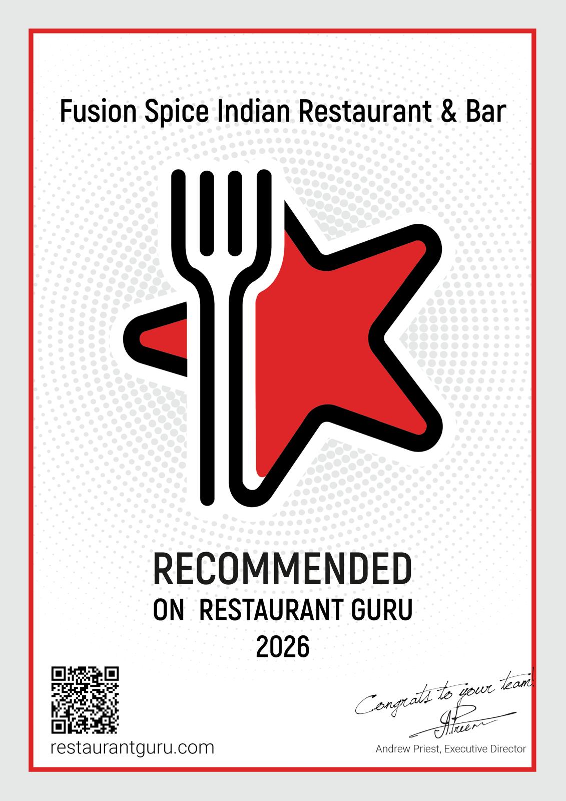 Restaurant Guru Recommended 2026 certificate for Fusion Spice Indian Restaurant & Bar