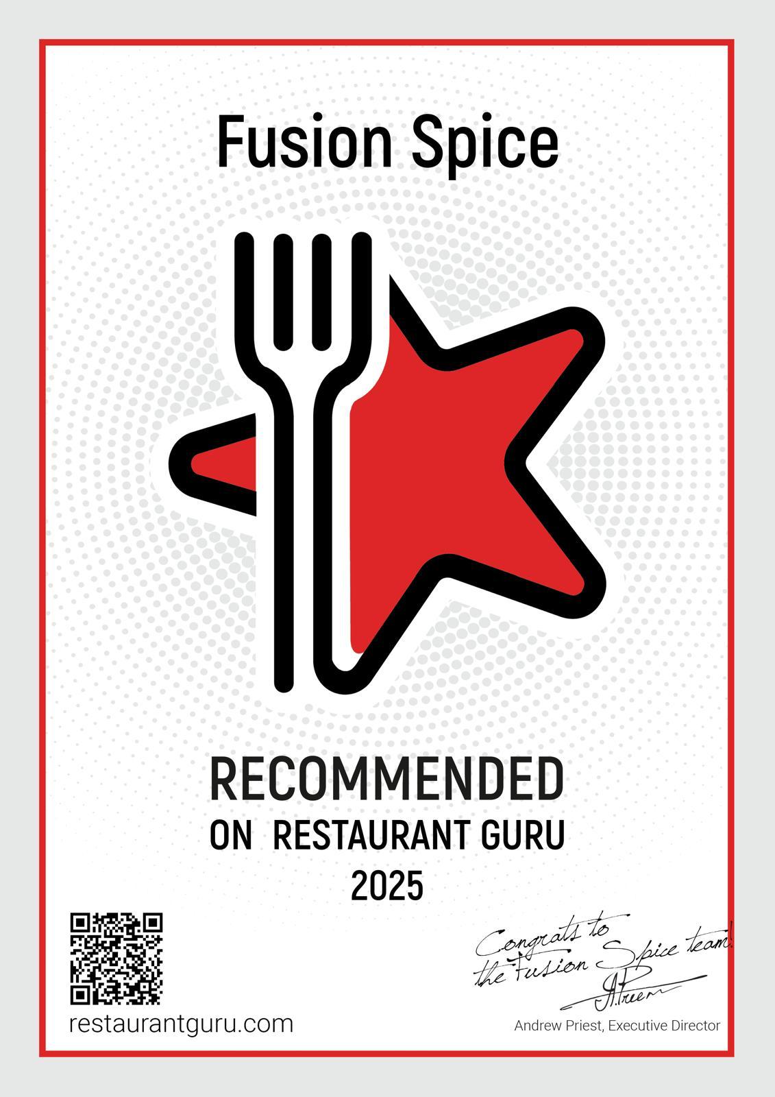 Restaurant Guru Recommended 2025 certificate for Fusion Spice